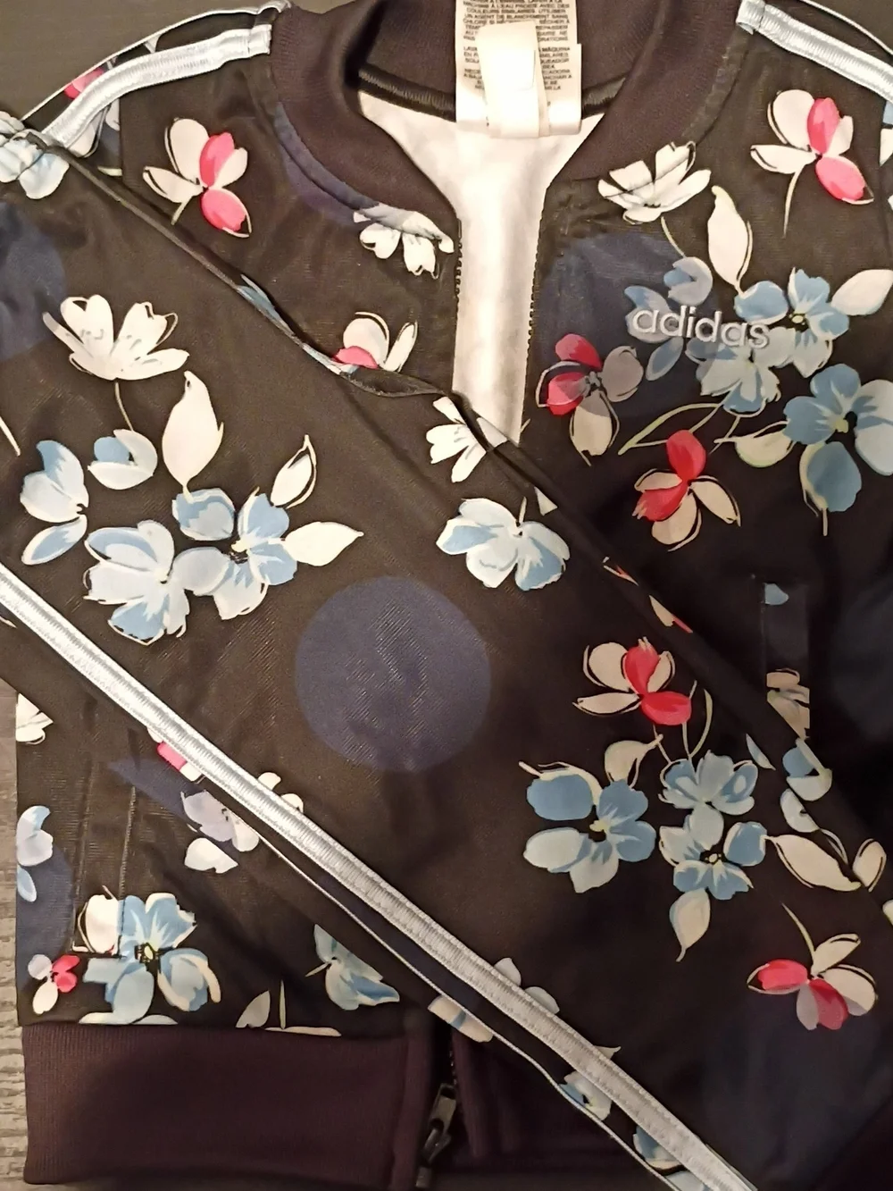 adidas Black Floral Bomber Jacket with Blue and Pink Accents